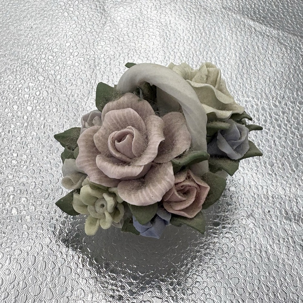 Vintage Ceramic Flower Basket Figurine Velvet Look Pastel Roses 3.75" T Cottage